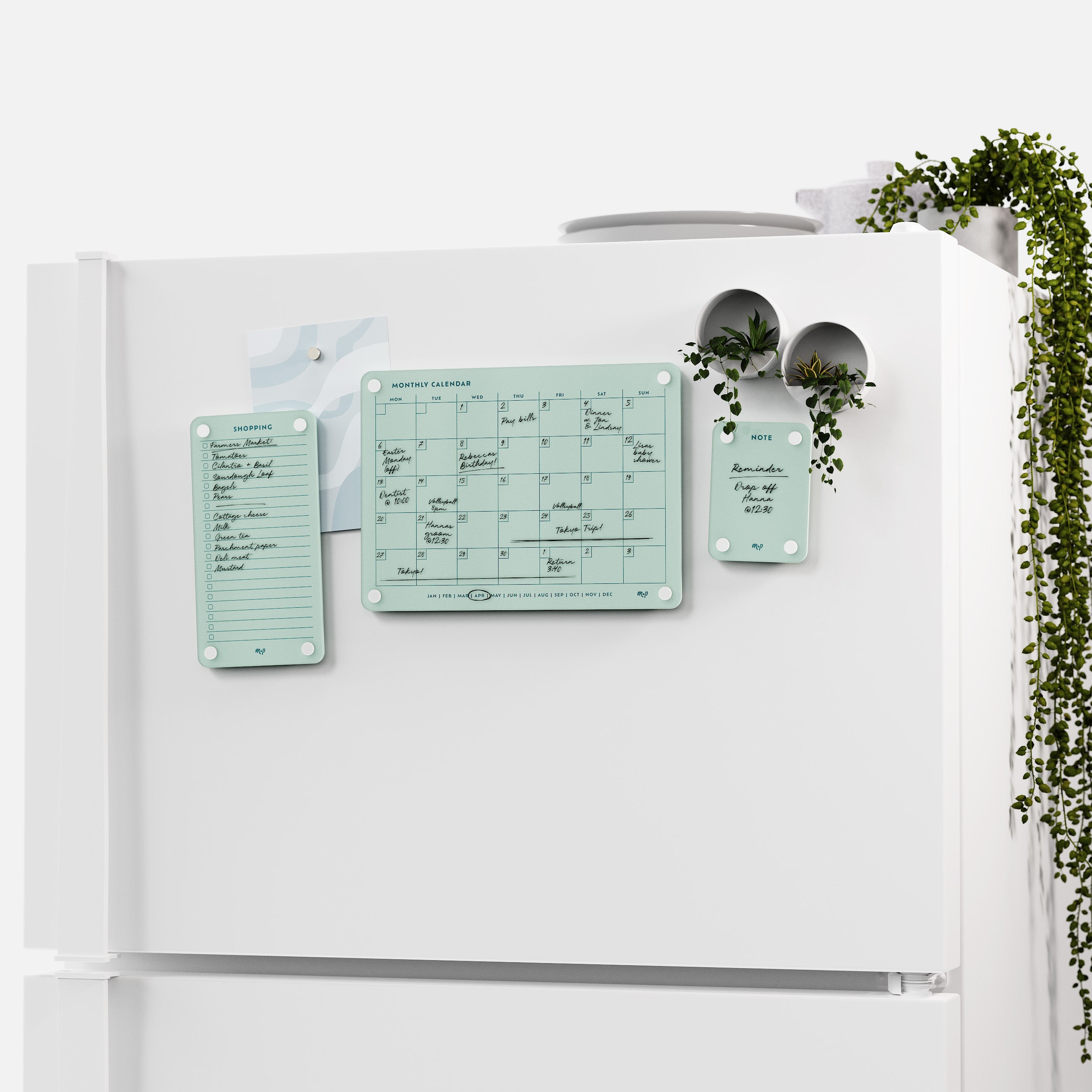 White fridge with the Seafoam green shopping list, monthly calendar and note board and two magnetic planters